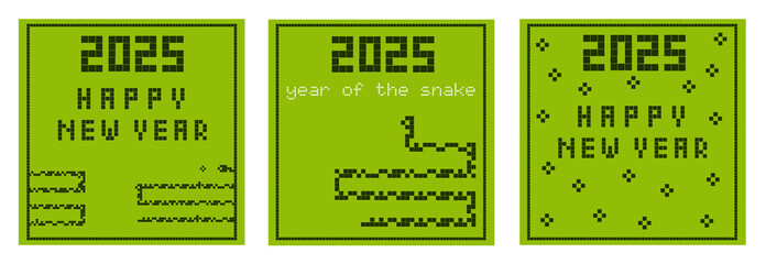 2025 Happy New Year square cards. Set of Year of the snake background in retro pixel art style. Old fashioned phone game concepts for new year celebration.
