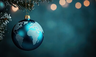 Unique blue globe ornament depicting a world map, perfect for holiday decorations and a festive atmosphere