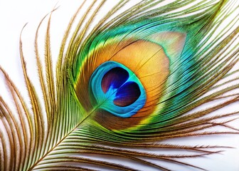 Obraz premium Close-up of Vibrant Peacock Feather Isolated on White Background - High-Resolution Stock Photo