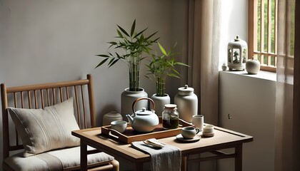 A calming tea corner with teacups, a teapot, and decorative bamboo plants