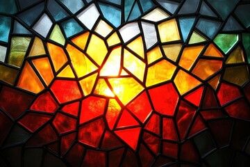 A vibrant stained glass window featuring an abstract sunburst in warm colors, with intricate geometric patterns creating a dazzling display.