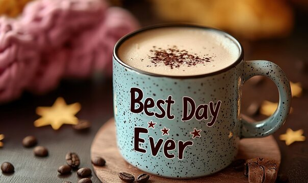 Enjoying a warm cup of coffee with the inscription Best Day Ever on a cozy table setting