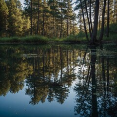 A calm pond in a forest, with the reflections of trees and the sky shimmering on the water’s surface.