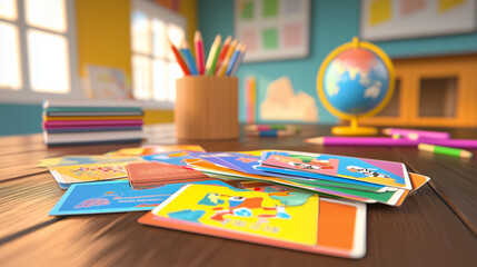Bright language flashcards with pencils and a globe on a wooden desk in a school’s educational environment