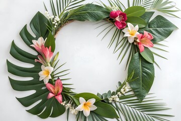 A clean and minimalist wreath design with exotic flowers framing a central space for personal messages or artwork.