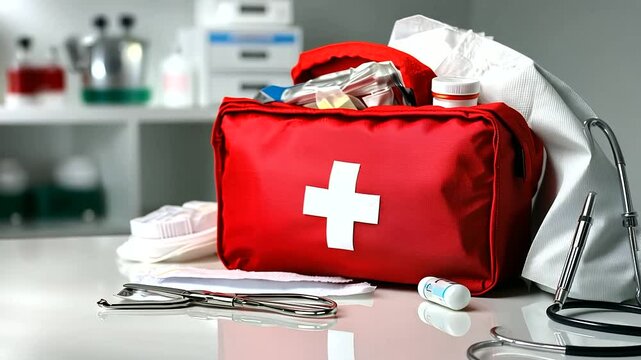 A vibrant red first aid kit placed on a clean white surface, surrounded by medical supplies like bandages, antiseptics, and scissors, symbolizing emergency preparedness