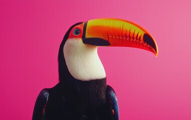 Fototapeta premium A bold toucan with its colorful beak, standing out against a hot pink background