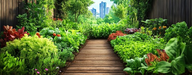 Fototapeta premium abandoned urban spaces transformed into thriving food hubs, vibrant greenery overtaking once desolate areas under soft sunlight.