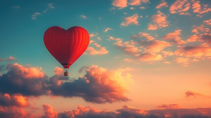 Obraz premium Beautiful heart-shaped red hot air balloon floats in pastel skies at dawn
