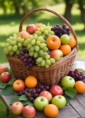 A wicker basket filled with various fresh fruits including apples, oranges, grapes, and berries on a table outdoors with a blurred green background