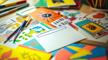 Artistic postcards and pencils on a table for creative activities aimed at developing imagination and drawing skills