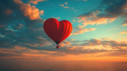 Fototapeta premium Heart-shaped red hot air balloon soaring in a pastel sky during a bright sunny morning