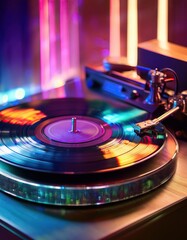 Close-up of a spinning vinyl record on a turntable, with vibrant neon lights creating a retro, nostalgic atmosphere 