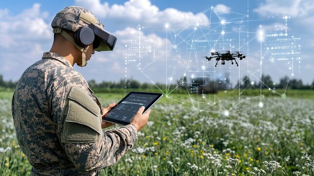 An armed soldier in camouflage explores advanced military technology wearing VR glasses and interacting with a tablet that displays holographic data