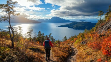 Obraz premium Hiker Backpacker Autumn Mountain Lake View