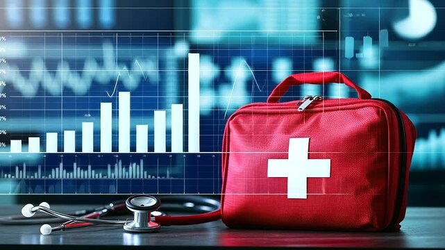 A striking close-up of a red first aid kit with a bold white cross, set against a blurred medical background with stethoscopes and charts