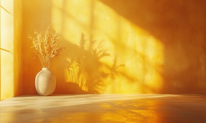 Warm golden studio setting with vase and soft natural lighting creating an optimistic ambiance