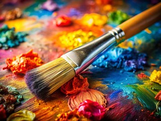 Obraz premium Vibrant Oil Paints and Paintbrush on Artist Palette - Stock Photo