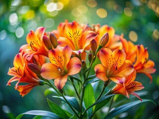 Obraz premium Vibrant Orange Alstroemeria Peruvian Lilies in Lush Green Foliage with Bokeh Background - Stock Photo