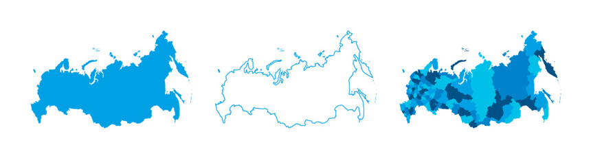 Russia set of three maps - solid map, outline map and map highlighting administrative divisions. Three distinct maps illustrate various representations of a geographical area.