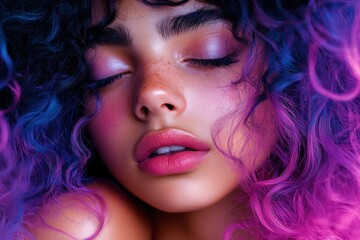 Fototapeta premium Close-up of a young woman with vibrant purple and pink curly hair, showcasing a soft makeup look and natural beauty.