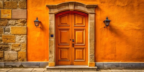 Fototapeta premium Vibrant Orange Doorway: Rustic Charm & Architectural Detail Stock Photo