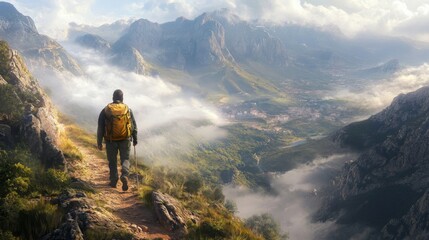 Fototapeta premium Adventurous Hiker Ascending Majestic Mountain Range