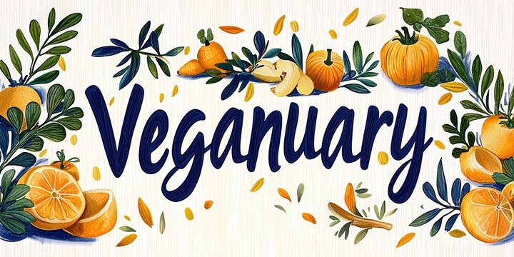 Elegant Veganuary lettering with organic shapes on a calm white background promoting positive change