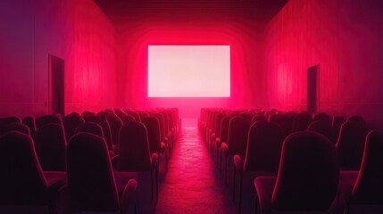Fototapeta premium People in the cinema auditorium with Cinema blank wide screen and red chairs in the cinema hall,People silhouettes watching movie performance,empty white screen,space for text,copy space.