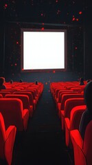 Obraz premium People in the cinema auditorium with Cinema blank wide screen and red chairs in the cinema hall,People silhouettes watching movie performance,empty white screen,space for text,copy space.