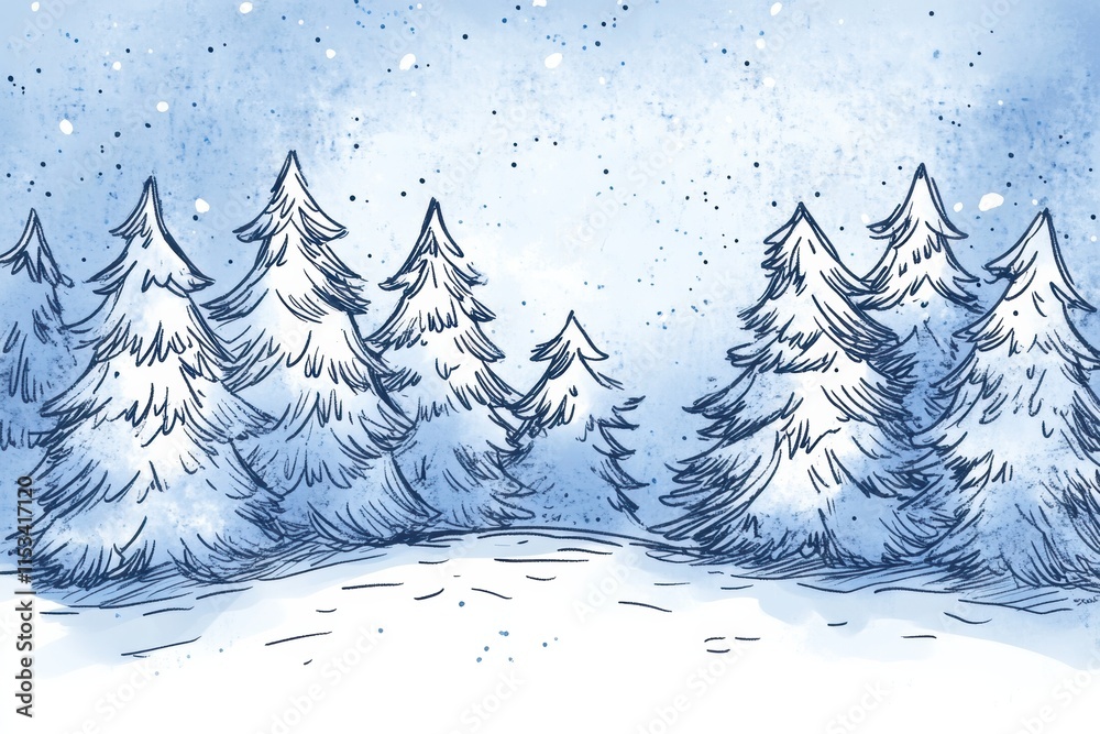 Poster winter wonderland doodle featuring snow covered trees in a serene landscape during a soft snowfall. 