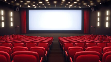 Fototapeta premium People in the cinema auditorium with Cinema blank wide screen and red chairs in the cinema hall,People silhouettes watching movie performance,empty white screen,space for text,copy space.