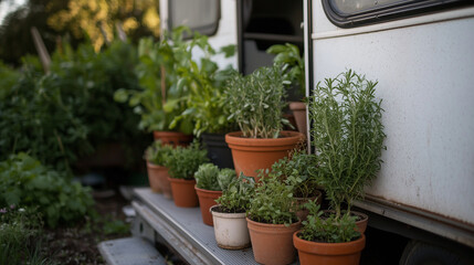 Makeshift Garden with Herbs and Vegetables Around Trailer Steps
