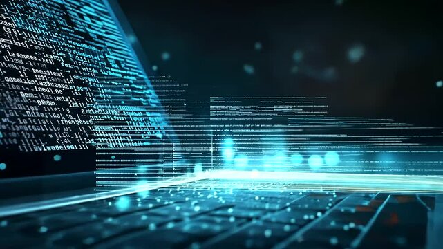 A close-up of a laptop screen filled with dynamic code, set against a dark background with subtle bokeh lights creating a tech-focused atmosphere