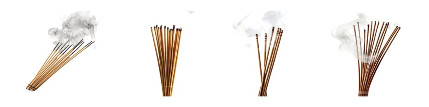 Burning incense sticks with smoke trails PNG set, Aromatic Spiritual Design Elements