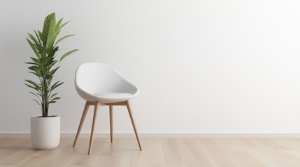 A chair with wooden legs in a modern minimalist interior, wooden vinyl flooring, and a clean white wall