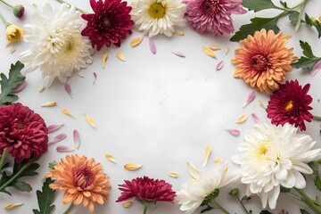 Obraz premium A soft, scattered arrangement of chrysanthemums with an open central space for personal or artistic content.