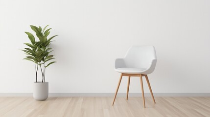 A chair with wooden legs in a modern minimalist interior, wooden vinyl flooring, and a clean white wall