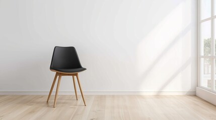 A chair with wooden legs in a modern minimalist interior, wooden vinyl flooring, and a clean white wall