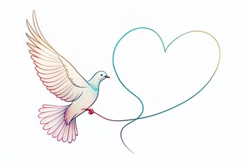 Continuous Line Art Dove Flying with Heart: Minimalist Hand Drawn Bird Illustration