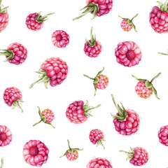 Watercolor seamless pattern with Raspberries and blackberries. Hand drawing illustration red berries. Graphic design element isolated on white background.