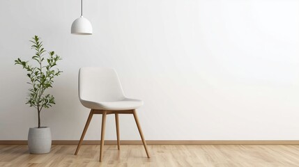 A chair with wooden legs in a modern minimalist interior, wooden vinyl flooring, and a clean white wall