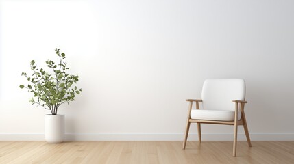 A chair with wooden legs in a modern minimalist interior, wooden vinyl flooring, and a clean white wall