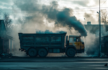 Polluting Garbage Truck Dumping Hazardous Waste in Urban Environment