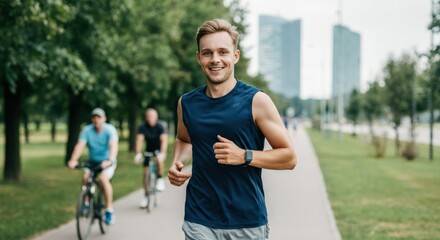 Caucasian male jogging in urban park for fitness and healthy lifestyle inspiration