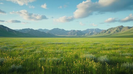 Serene Meadow Landscape Underneath Majestic Mountains