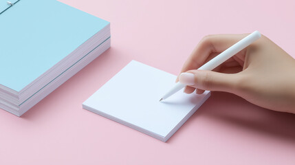 A hand writing on a blank flashcard, creating cards for foreign word study in an educational environment