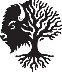 Bison head silhouette combined with tree trunk and branches