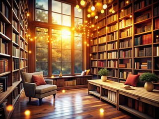 Cozy Library Room with Large Window, Wooden Accents & Bookshelves - Bokeh Effect Stock Photo