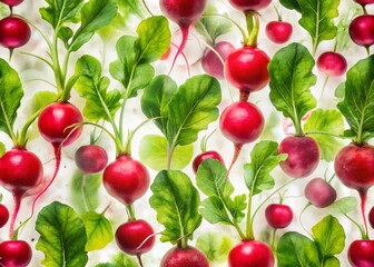 Obraz premium Vibrant Red Radish & Green Leaf Pattern: Double Exposure Stock Photo